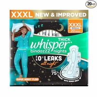 Whisper Bindazzz Nights 20 XXXL Sanitary Pads, Upto 0% Leaks All Night Long, For Super Heavy Flow, Nearly 75% Longer with Wider Back, Double hug wings keep pad in place , Disposable Wrapper