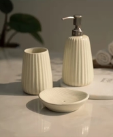 Quace Ceramic Ribbed Soap Dispenser, Toothbrush Holder and Case Set (White)(location specific)