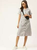 Cottinfab Off White & Grey Cotton Striped Shirt Dress