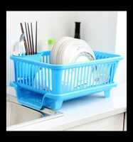 Kuber Industries 3-in-1 Plastic Kitchen Sink Dish Rack Drainer Set (Blue)