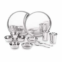 ATTRO Stainless Steel Solid Dinner Set of 2 Thali, 2 Plate, 4 Bowl, 2 Glass, 2 Spoon (Thali Diameter 12 Inch) - Set of 12, Silver, Standard