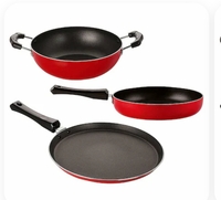 Nirlon Red Aluminum 3-Piece Non-Stick Mini Cookware Set Tawa 24 cm Fry Pan 20 cm Kadhai 18.5 cm