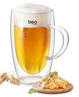 Treo by Milton Double Wall Glass Beer Mug with Handle, 1 Piece, 450 ml, Crystal Clear Glass Mugs for Beer, Drinks, Cocktail