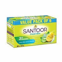 Santoor Fresh Skin Aloe Vera & Lime Bathing Soap with Nourishing & Anti-Aging Properties| For Smooth & Soft and Younger-Looking Skin| For All Skin Types| 125g, Pack of 6 