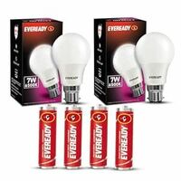 Eveready B22 Base 7-Watt LED Bulb with 4 1015 AA Carbon Zinc Batteries (Cool Day Light) - Pack of 2