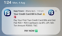 Bajaj - get Flat Rs20 + Rs 20 on Paying your first  2 credit card bills of Rs 3000 each