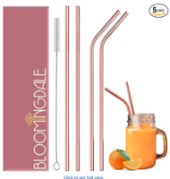Bloomingdale Reusable Stainless Steel Straws Set - 5 Pieces (2 Bend Pipe, 2 Long, 1 Cleaning Brush) - Rose Gold Metal Drinking Straws