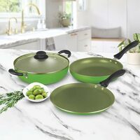 Alda Non Stick Cookware Set of 4 (Wok with Lid, Fry Pan, Crepe Pan) - Olive 3mm Induction Friendly, 1 Year Warranty
