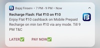 Bajaj Finserv - Flat Rs. 10 cashback on Rs. 10 recharges and bill payments (7pm-9pm)