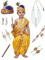 Kaku Fancy Dresses Krishna Costume for Kids Infant Baby Krishna Dress for Boys (Yellow Dhoti, Patka(Stole), Belt, Fabric Mukut, Layer Pearl Mala, Bajuband, Earrings, Bansuri & Morpankh)
