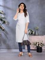 Riglozi White 3/4 Sleeves Cotton Made White Long Round Neck Regular wear Kurti for Women | M