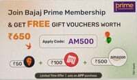 Join Bajaj Prime & get Gift vouchers worth 650 ( 50 Swiggy + 100 BookMyShow + 500 Amazon)