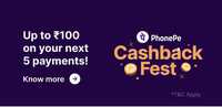 Phonepe cashback fest: upto rs 100 cashback (2-100) on min txn rs 100 (5 times)