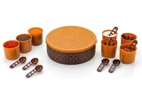Rotating Spice Container Set with 7 Compartments, Brown Woven Design, Kitchen Storage Organizer