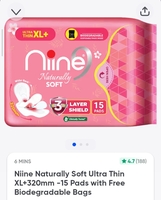 Niine Naturally Soft Ultra Thin XL+320mm -15 Pads with Free Biodegradable Bags(max saver) (location specific )
