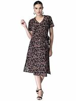 FabAlley Women's Crepe Black Tropical Button Down Belted Midi Dress Knee-Length 