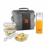 CELLO Glassy Mix Lunch Box Set of 4 | (320ml x 3) & 1 Clear Glass Water Bottle (500ml) | Leak-Proof & Microwavable Toughened Glass | Perfect Lunch Box Set for Office, School & College