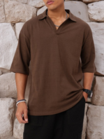 glitchez Self Striped Textured Polo Collar Oversized T-shirt