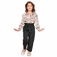 LILPICKS Girls' Polycotton Floral Print Frilled Top with Trouser Set (Beige & Green)