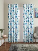 Semi-transparent polyester door curtains with abstract floral design in vibrant blue, 46 inches wide by 84 inches long
