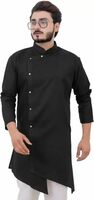 Tibra Collection Men Asymmetric Kurta - Black | Solid | Cotton Blend | M