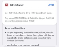 Swiggy Instamart × IDFC First Bank Debit Card : ₹250 off on MoV ₹1000
