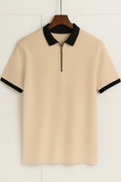 Conway Men Solid Zip Neck Cotton Blend Beige T-Shirt