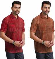 Men's Khadi Cotton Half Sleeves Striped Casual Shirt (Pack of 2)