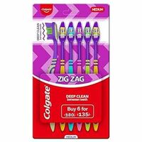 Colgate ZigZag Manual Toothbrush for adults, Pack of 6 Medium Multicolour Soft Tooth brush, Antibacterial with Compact Brush Head for Deep & Complete Cleansing