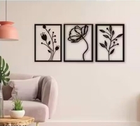 Modern Wall Art Decor, 3-Panel Black Floral Design, Wooden Frame Wall Hanging Set for Living Room 