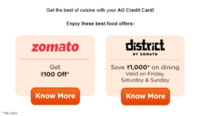 AU Credit card + Zomato + District - Flat Rs. 400 Off and 2 AU Debit card 10% offers