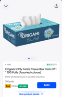 Instamart =>Origami 2 Ply Facial Tissue Box Pack Of 1 * 100 Pulls (Assorted colours) @49