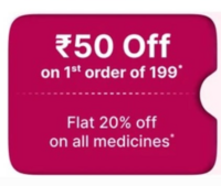 Minutes : Flat Rs.50 off Rs.199 on Medicines(1st order) + 30% off + 10% supercoin redemption + 5% Fk-axis