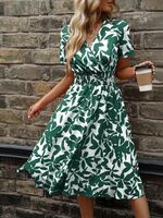 Women Fit and Flare White, Dark Green Dress on Flipkart