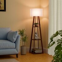 Kuber Industries Wooden Floor Lamp for Living Room Decoration with 3 Shelves 