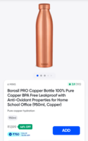 Borosil PRO Copper Bottle 100% Pure Copper BPA Free Leakproof with Anti-Oxidant Properties for Home School Office (950ml, Copper)