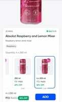 Swiggy Instamart Absolut Raspberry and Lemon Mixer 4 x 250ml