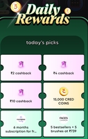 Cred Daily Rewards 21st September win 2/4/10 cashback ,15k coins ,6months subscription of roundglass living ,5 bestssellers +5 best brushes[faces Canada] at 739
