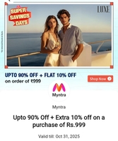 Myntra

Upto 90% Off + Extra 10% off on a purchase of Rs.999