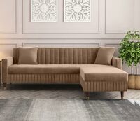 AMATA Omega Solid Wood 4 Seater L Shape Camel Suede Velvet Fabric Sofa Set with Two Cushions Perfect for Home Office Guests Living Room (Camel 04, Omega L Shape 4 Seater)(3 Years Warranty)