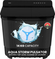 Haier 14 kg Toughened Glass with Anti Bacterial Vortex Pulsator, 1300 RPM, Spray Function, Wash Programs, Magic Filter, Rat Mesh Semi Automatic Top Load Washing Machine Black  (HTW140-178BK)