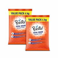 Amazon Brand - Presto! Total Wash Detergent Powder | 8 Kg | 4 Kg X 2 Packs | Tough On Stains | Safe And Gentle On Fabrics | Refreshing Fragrance | Machine And Hand Wash | Bleach-Free Washing Powder