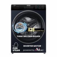 Haier 7 Kg 5 Star Powered by AI-DBT with PuriSteam, 525mm Super Drum Fully Automatic Front Load Washing Machine (HW70-IM12929BK, Inverter with In-Built Heater, Black)
