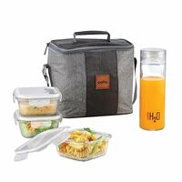 CELLO Glassy Square Lunch Box Set of 4 | 3×320ml + 1×500ml Bottle | Leak-Proof, Microwavable Toughened Glass