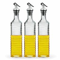 (10% off coupon)Amazon Brand - Solimo Oil Dispenser with Spout; Leak-proof, Dust-proof, Messy-pour-free, Silica Glass, Striped Design, Set of 3, 500 ml (Transparent)
