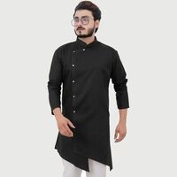 Tibra Collection Men Asymmetric Kurta - Black | Solid | Cotton Blend | S