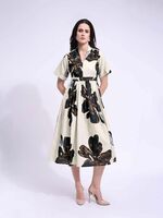  PURVAJA Women Fit and Flare Beige Midi/Calf Length Dress on Flipkart
