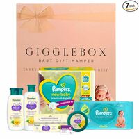 GIGGLEBOX Premium Baby Gift Hamper | Pampers Newborn Diapers & Wipes, Himalaya Baby Care With Pure Cow Ghee & Tedibar Soap | Essential Baby Care Set For Gifting & Daily Use,7 Count