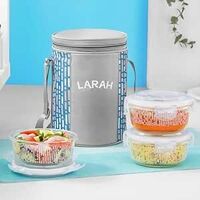 Larah Glassware Vogue Borosilicate Glass Lunchbox with Bag | 3pc Round Container Set (400 ml Each)