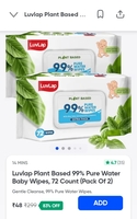 Luvlap Plant Based 99% Pure Water Baby Wipes, 72 Count (Pack Of 2)